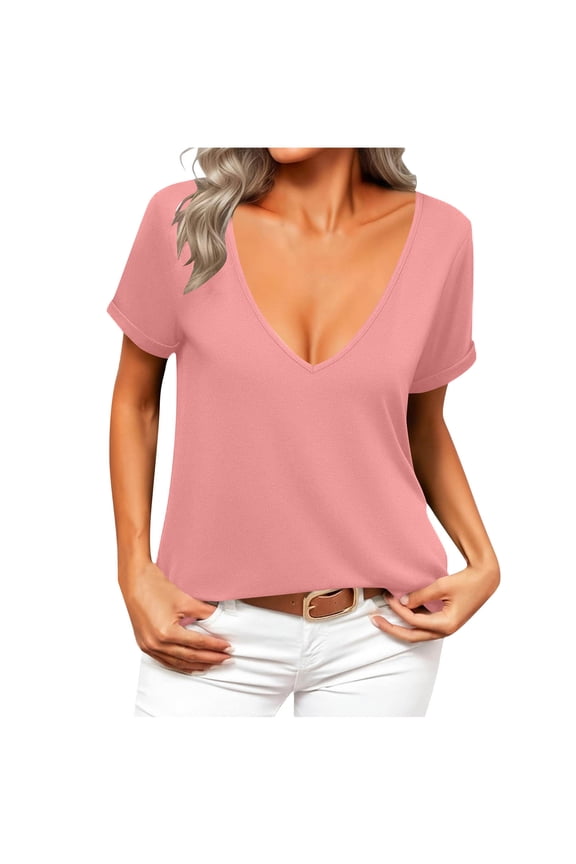 Tops for Women Deep V Neck Shirts Summer Low Cut Top Short Sleeve Tshirts Trendy Clothes Fashion Clothing Pink XXL