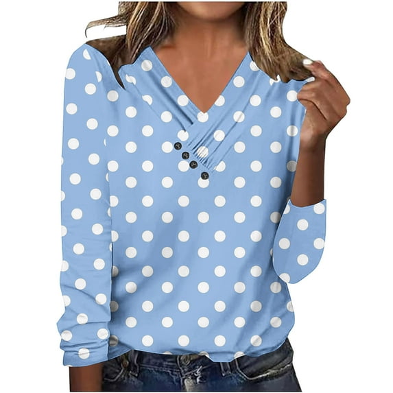 YUGYXL Tops for Women Long Sleeve Polka Dots Printed V Neck T Shirt Fall Casual Button Pullover Fashion Daily Shirts Light Blue XL