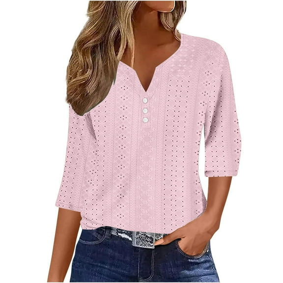 YUGYXL Trendy 3/4 Sleeve Blouse for Women Casual Button V-Neck Henley Shirt Summer Solid Color Hollow Out Tunics Boho Lace Embroidered Pullover Top