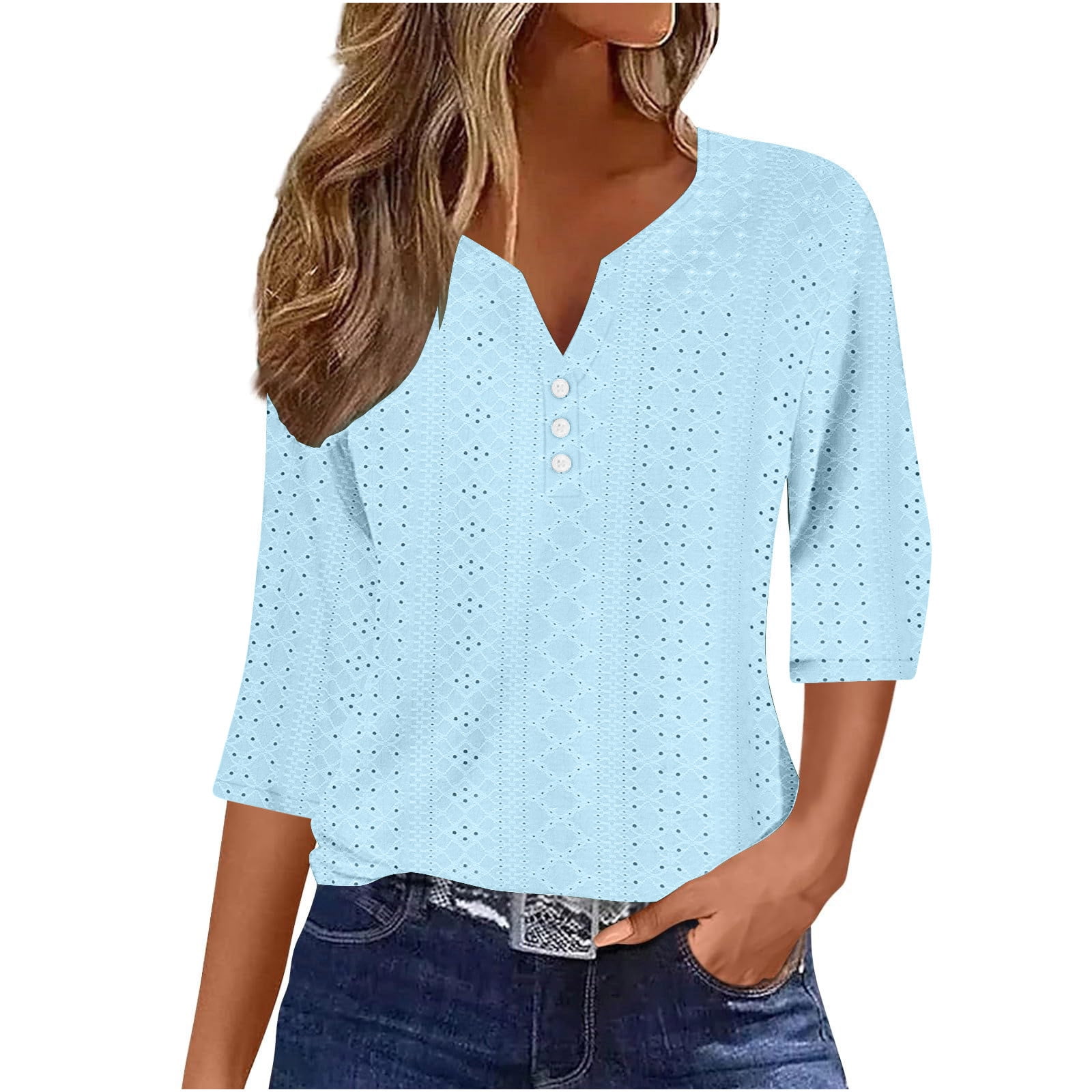 3D Art Print Casual 3/4 Sleeves Hollow Denim Shirt main image 0