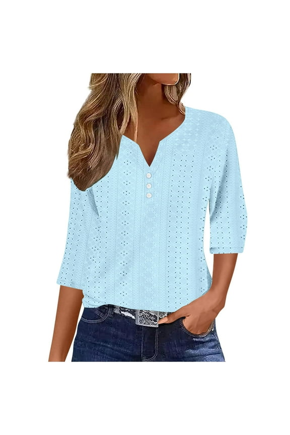 Trendy 3/4 Sleeve Blouse for Women Casual Button V-Neck Henley Shirt Summer Solid Color Hollow Out Tunics Boho Lace Embroidered Pullover Top