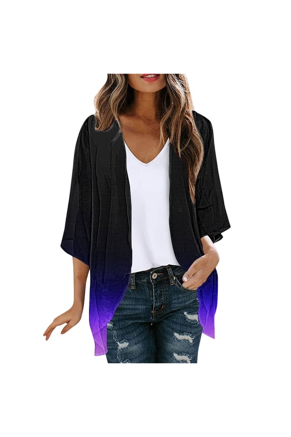 Trendy Lightweight Chiffon Kimono Cardigan for Women Comfy Puff Sleeve Gradient Color Capes Casual Boho Hawaii Summer Beach Vacation Cover up