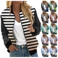 thumbnail image 1 of YUGYXL Trendy Stripe Bomber Jacket for Women Fall Zip Up Windproof Varsity Jacket Color Block Stand Collar Outwear with Pockets Today's, 1 of 6
