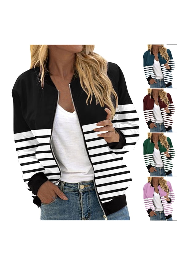 Trendy Stripe Color Block Bomber Jacket for Women Lightweight Zip Up Windproof Varsity Jacket Color Block Stand Collar Outwear with Pockets Today Sales