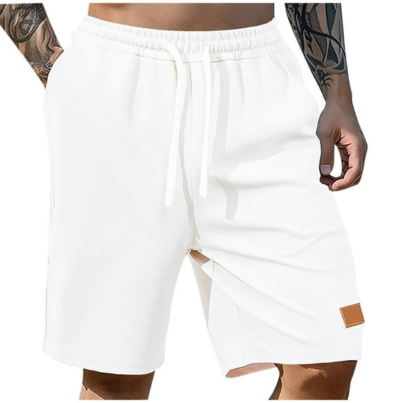 YUGYXL Trendy Waffle Shorts for Men 2025 Summer Solid Color Bermuda Shorts Elastic Waist Drawstring Breathable Straight Shorts White M