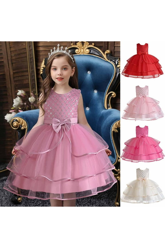 Tulle Flower Girl Dress Baby Girls Sleeveless Sequin Tiered Pageant Dresses for Wedding Toddler First Communion Gown Size 3-4 Years