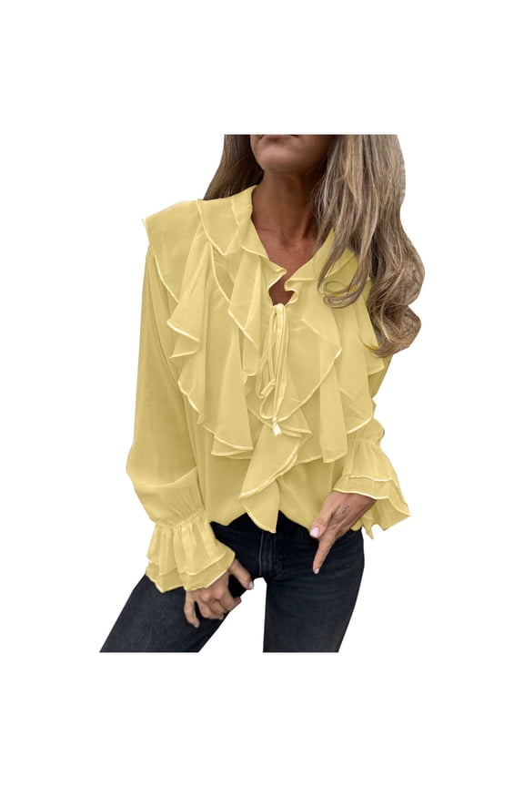Turtle Neck Chiffon Tops for Juniors Summer Fall Long Sleeve Tie Knot Plain Tops Shirt Blouse Women Yellow S