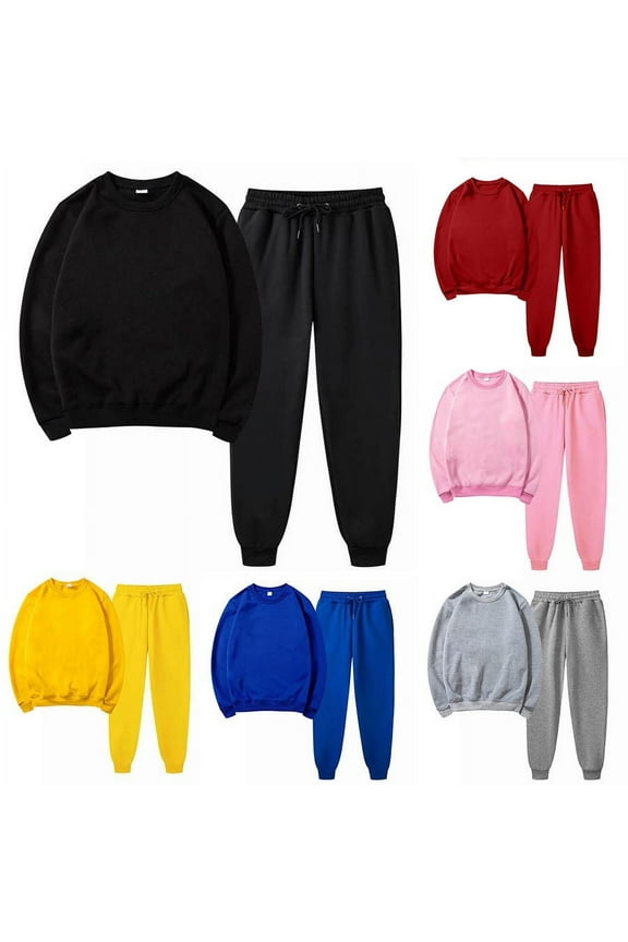 Two Piece Casual Outfits for Women Fashion Crew Neck Solid Color Sweatshirt and Loose Sweatpants Plus Size Thin Fleece Tracksuits Set Gift for Family Pink,XXL