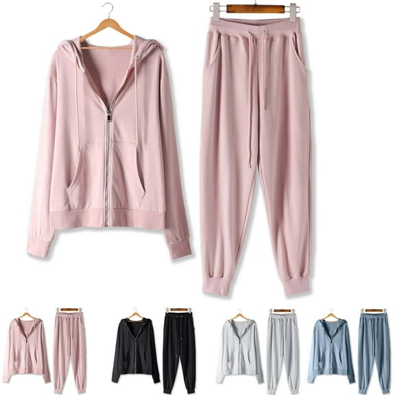 YUGYXL Two Piece Cotton Sweatsuit for Women Solid Color Zip Up Hoodie Sweatshirt Matched Sweatpants Sets Casual Tracksuit Outfits Gift for Family