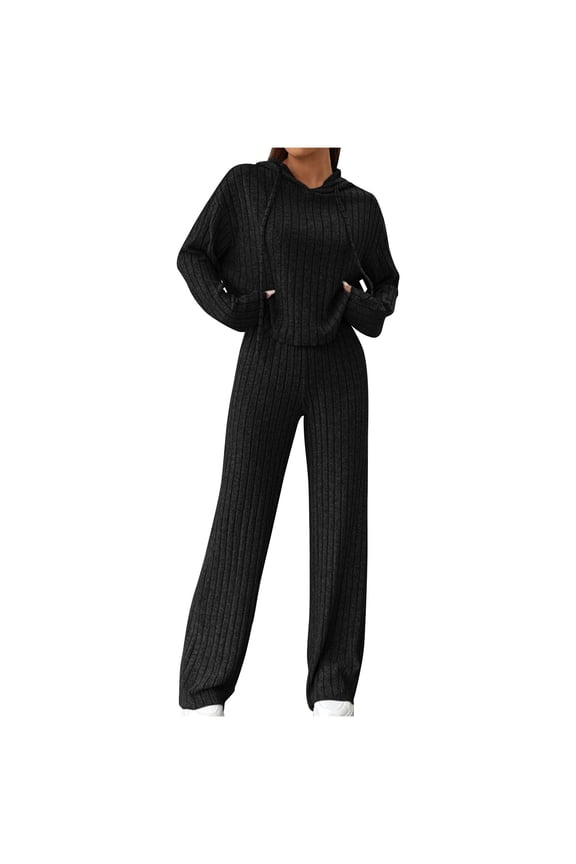 Two Piece Loungewear Sets for Women Soft Knit Solid Sweatsuit Casual Hoodies and Wide Leg Trousers Lounge Outfits Black M
