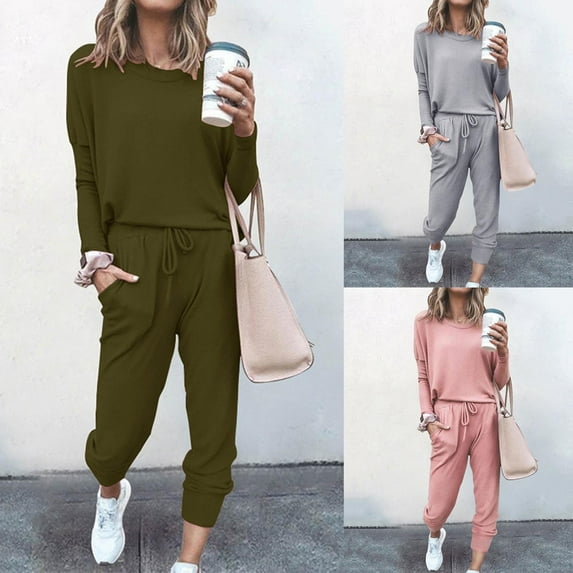 YUGYXL Two Piece Outfits for Women Fashion Solid Color Sweatsuit 2025 Casual Crewneck Pullover Sweatshirt Matching Sweatpants Tracksuit Sets Today Deals Gray,S