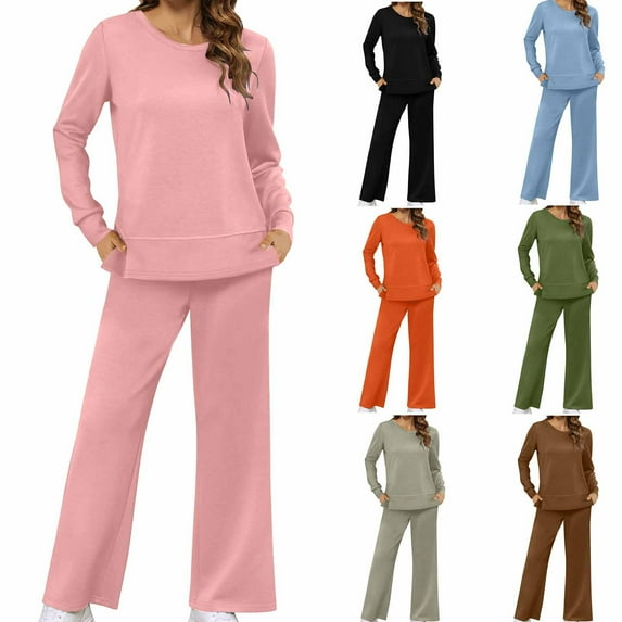 YUGYXL Two Piece Outfits for Women Fashion Solid Color Sweatsuit 2025 Casual Crewneck Pullover Sweatshirt Matching Wide Leg Pants Tracksuit Sets Clearance Sale Army Green,S