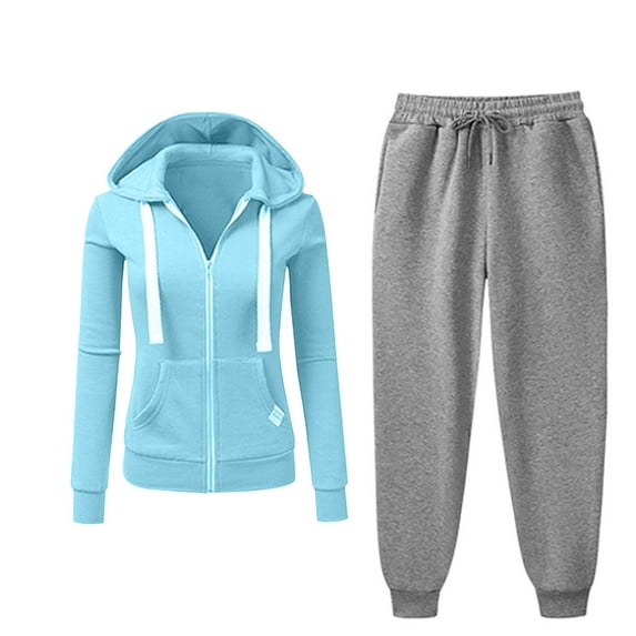 YUGYXL Two Piece Outfits for Women Solid Color Thin Fleece Sweatshirt Matched Drawstring Stretch Sweatpants Sets Plus Size Casual Sweatsuit Today's Blue,S