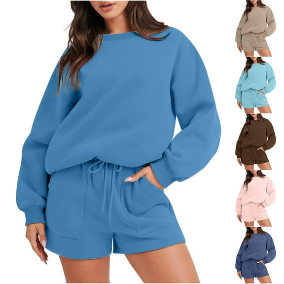 YUGYXL Two Piece Outfits for Women Solid Color Thin Fleece Sweatshirt Matched Shorts Sets Plus Size Casual Soft Matching Set Sweatsuit Tracksuit Clothes Today
