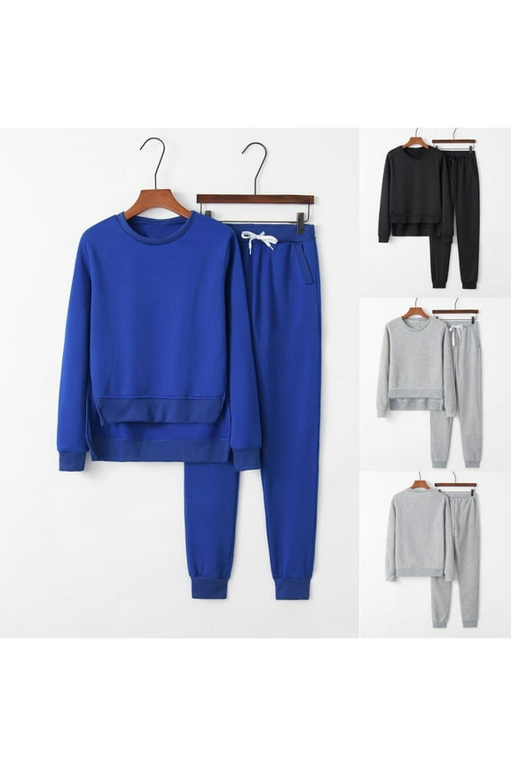 Two Piece Outfits for Women Solid Color Thin Fleece Sweatsuit Casual Side Split Crewneck Sweatshirt Matching Sweatpants Tracksuit Sets Sale Black,S