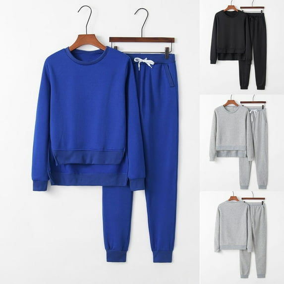 YUGYXL Two Piece Outfits for Women Solid Color Thin Fleece Sweatsuit 2025 Casual Side Split Crewneck Sweatshirt Matching Sweatpants Tracksuit Sets Gift for Daughter Gray,L