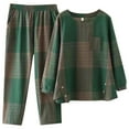 thumbnail image 1 of YUGYXL Two Piece Plaid Lounge Sets for Women Spring Fall Long Sleeve Pullover Cotton Linen Tops Loose Fit Straight Leg Pants Green XL, 1 of 3