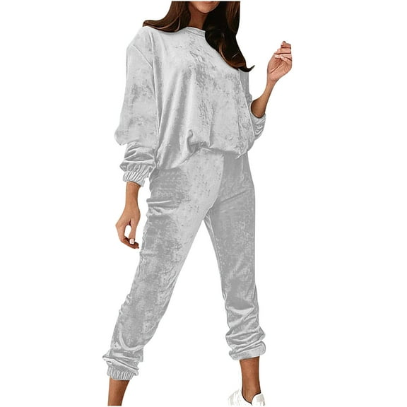 YUGYXL Two Piece Sets for Women Fall Velour Tracksuit Set Womens Sweatshirt Solid Color Crew Neck Sweatsuit and Casual Jogger Gray S