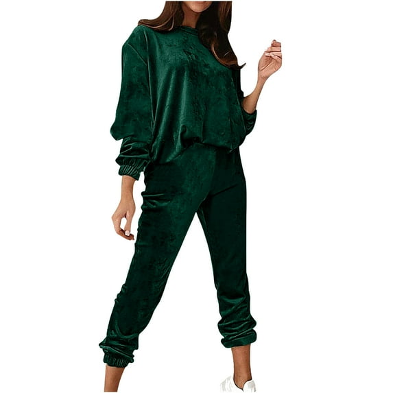 YUGYXL Two Piece Sets for Women Fall Velour Tracksuit Set Womens Sweatshirt Solid Color Crew Neck Sweatsuit and Casual Jogger Green XXL