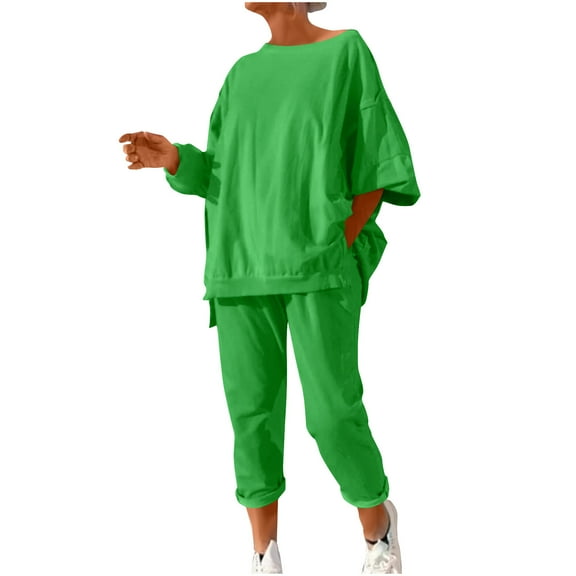 YUGYXL Two Piece Sets for Women Long Sleeve Sweatshirt Sweatpants Soft Fall Travel Tracksuits Cozy Sweatsuits Green L