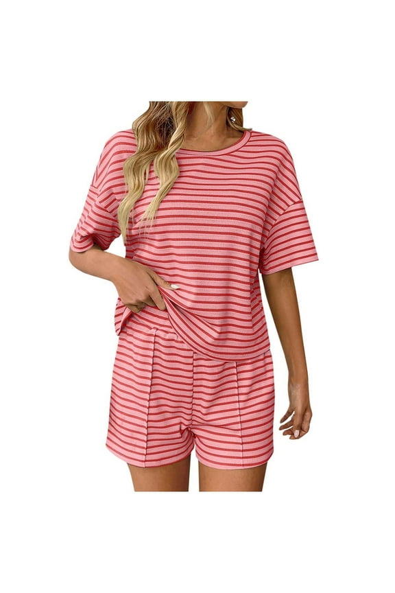 Two Piece Short Sets for Women Striped T Shirts Athletic Shorts Summer Lounge Pajama Sets Vacation Travel Outfits Pink XL