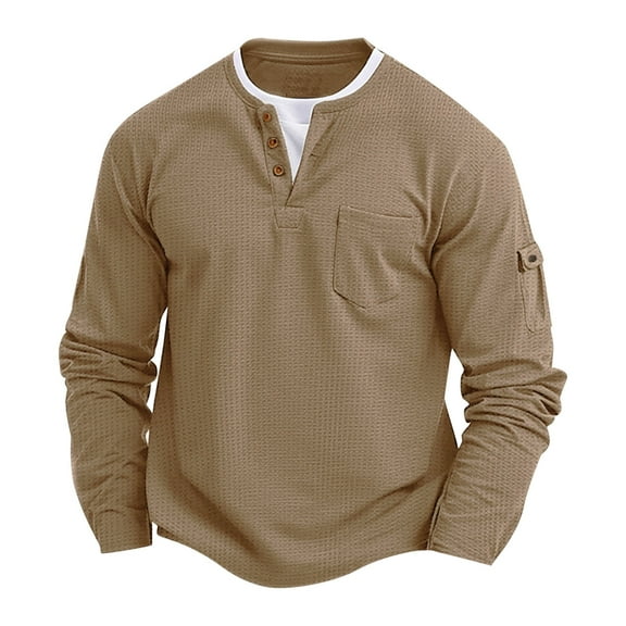 YUGYXL Two-Piece Sweatshirt for Men Crew Neck Quarter Button Long Sleeve Pullover Casual Novelty Waffle Henley Tops Khaki XXL