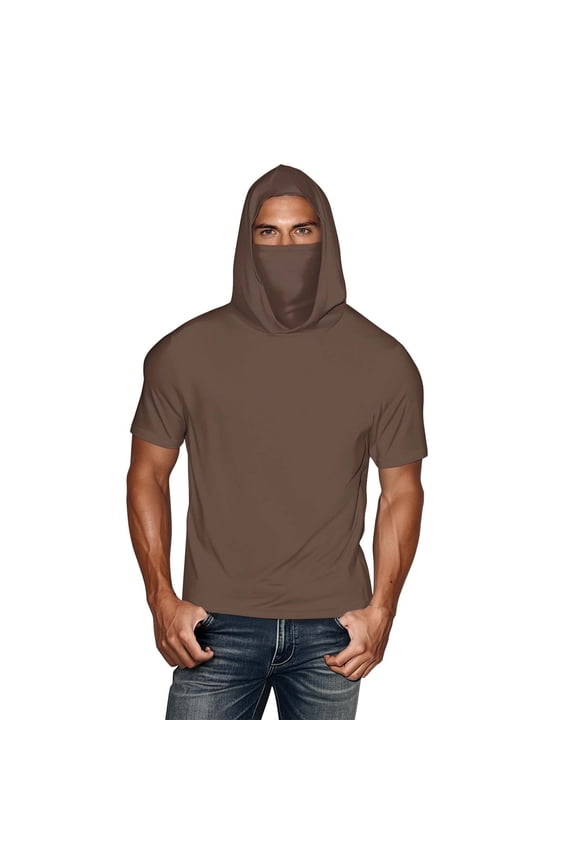 Unisex Compression Hoodie with Face Mask Sweatshirt Short Sleeve Thermal Base Layer Top Active Running Pullover XXXL Brown