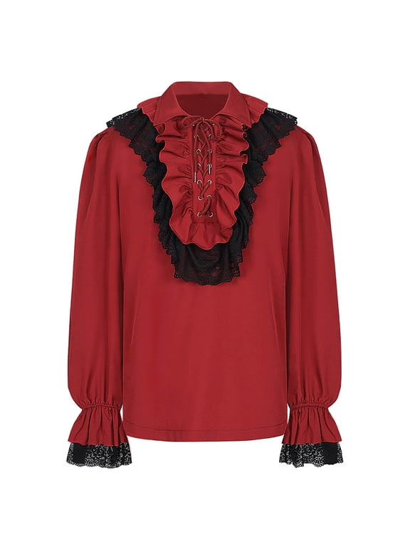 Unisex Pirate Shirt Women Ruffle Renaissance Blouses Vintage Ruffle Gothic Medieval Tops Red L