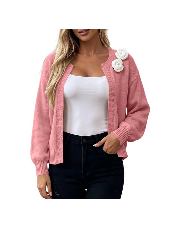 V Neck Floral Patch Open Front Knitted Cardigan, Long Sleeve Oversized Soft Casual Spring Autumn Cardigan Pink Cardigans