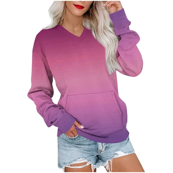 YUGYXL V Neck Sweatshirt Women Pocket No Hood Fall Winter Lightweight Casual Trendy Gradient Color Long Sleeve Pullover Tops Hot Pink M