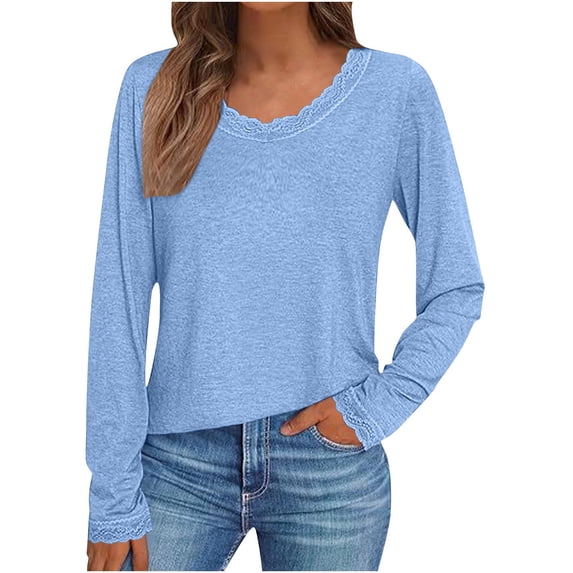 YUGYXL V Neck T Shirts for Women Lace Long Sleeve Tops Loose Fit Dressy Casual Blouses Fall Winter Basic Trendy Clothes Blue XXL