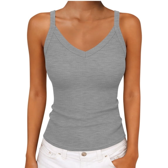 YUGYXL V Neck Tank Tops for Women Ribbed Knit Camisole Summer Casual Sleeveless Slim Fitted Basic Cami Shirts Clothes Gray M