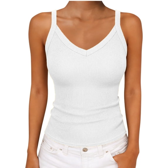 YUGYXL V Neck Tank Tops for Women Ribbed Knit Camisole Summer Casual Sleeveless Slim Fitted Basic Cami Shirts Clothes White L