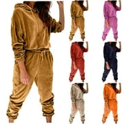 YUGYXL Velour Sweatsuits for Women 2 Piece Tracksuit Sets Drawstring Hoodie Sweatshirt Match Sweatpants Leisure Jogger Outfits Prime Deals Today 2024 Khaki,S
