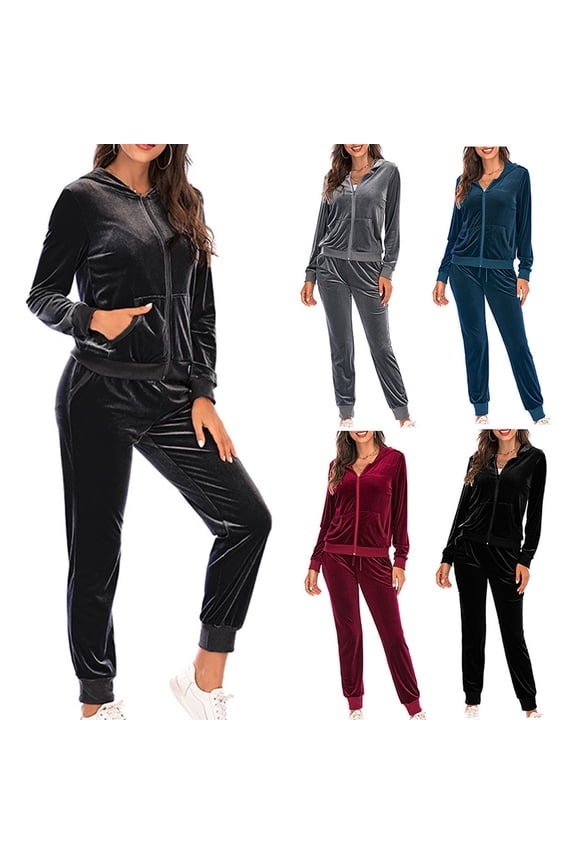 Velour Tracksuit Womens Sweatsuit Set Casual Zip Up Hoodie Sweatshirt Jacket & Drawstring Sweatpants Solid Color Outfit Gift for Wife Black,L