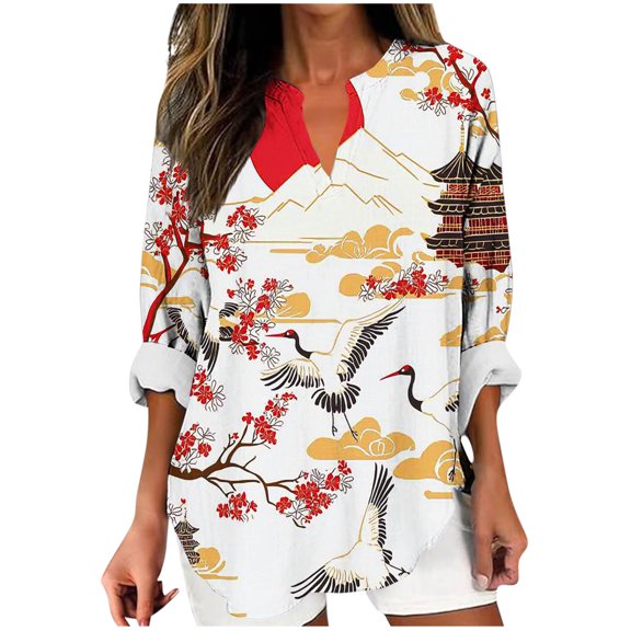 YUGYXL Vintage Graphic Tunic Tops for Women Casual Loose Long Sleeve V Neck Trendy Fall Plus Size Blouse Shirts White M