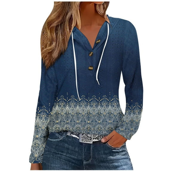 YUGYXL Vintage Long Sleeve Hoodies for Women Casual Print Henley Hoodie Thin Lightweight Hooded Sweatshirt Navy XXL