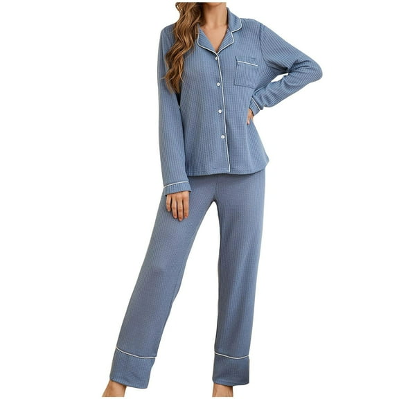 YUGYXL Waffle Knit Women's Pajama Set Soft Long Sleeve Button Down Pajama Pants 2 Piece Pajama Loungewear Set Blue L