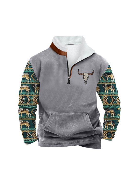 Western Sweatshirts Mens Henley Shirts Long Sleeve 1/4 Zip Fleece Jacket Cowboy Western Casual Pullover Gray Sweatshirt