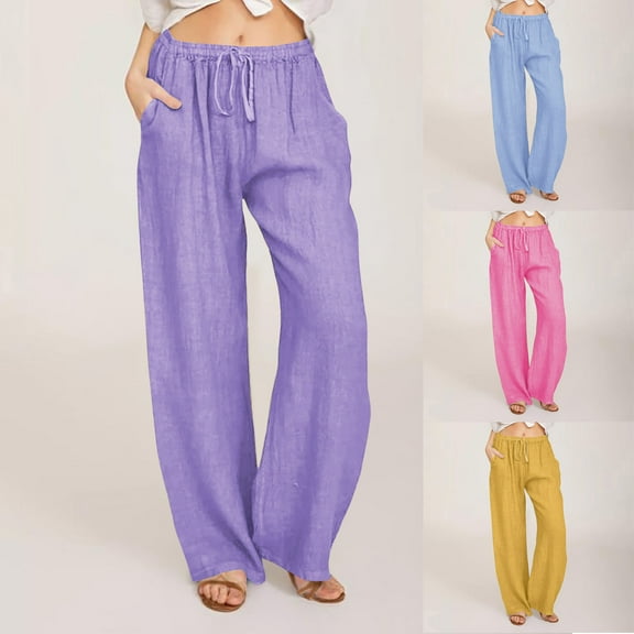 YUGYXL Wide Leg Pants for Women Summer Cotton Linen Loose Trousers Drawstring Mid Waist Long Pants with Pockets Lightweight Travel Pant Blue S