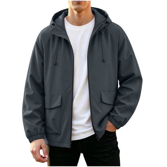 YUGYXL Windbreaker Jacket Men Zip Up Drawstring Hooded Casual Loose Workout Coats | Casual Hooded Lightweight Jacket Dark Gray Jackets