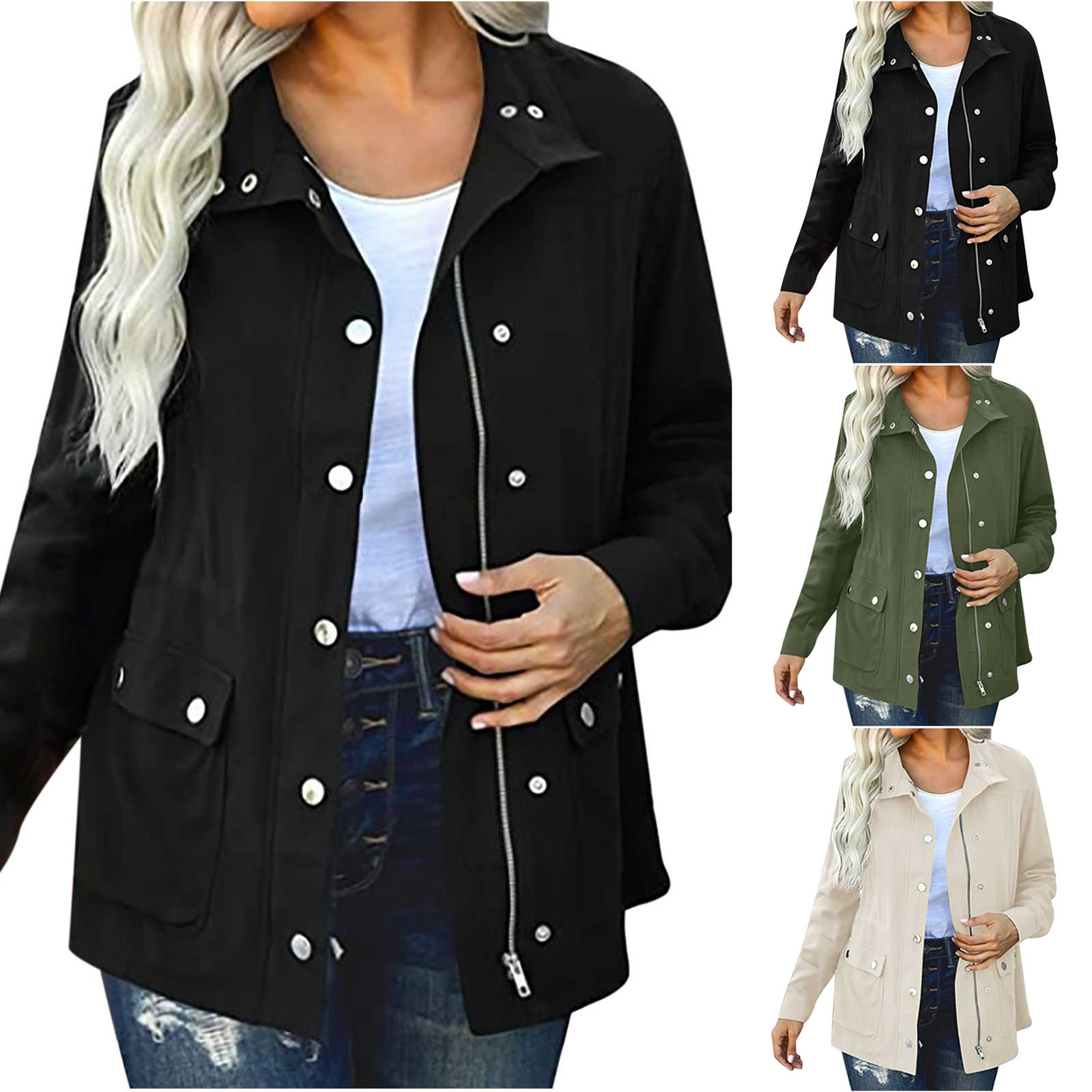 Danedvi Women's Long Cardigan - Lapel Collar Button Down Sweater Coat, Loose Fit, Pockets - Green, XL - View #7