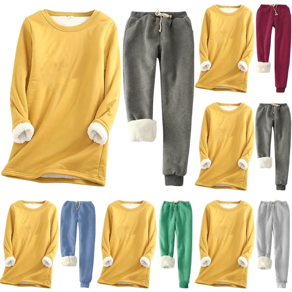 YUGYXL Winter 2 Piece Sportwear Suit for Women Plus Size Fleece Lined Joggers Sherpa Outfits Thermal Crewneck Sweatshirt and Sweatpants Thicken Set Gift for Daughter