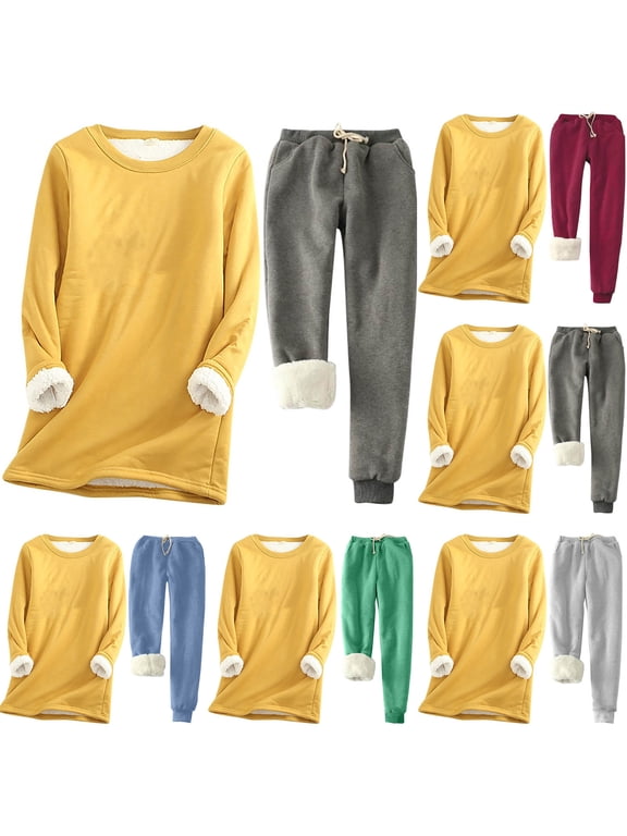 Winter 2 Piece Sportwear Suit for Women Plus Size Fleece Lined Joggers Sherpa Outfits Thermal Crewneck Sweatshirt and Sweatpants Thicken Set Gift for Family