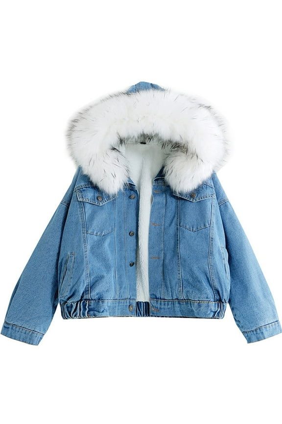 Winter Coats for Women Thickened Jean Jackets Warm Wool Outwear Parka Shacket Soft Fleece Lined Hooded Denim Jacket 2025 Clearance Sale White,L