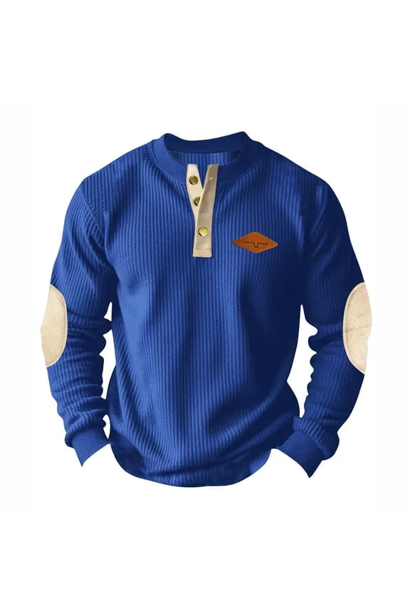 Winter Corduroy Shirts for Men Casual Henry Stand Collar Quarter Button Up Vintage Long Sleeve Mock Crew Pullover Blue S