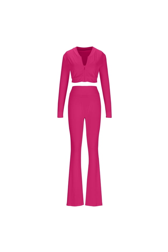 Women 3 Piece Sweatsuit Outfits Sets Long Sleeve Zipper Jacket Crop Tops and Long Flare Pants Set Workout Tracksuit Pink XXL