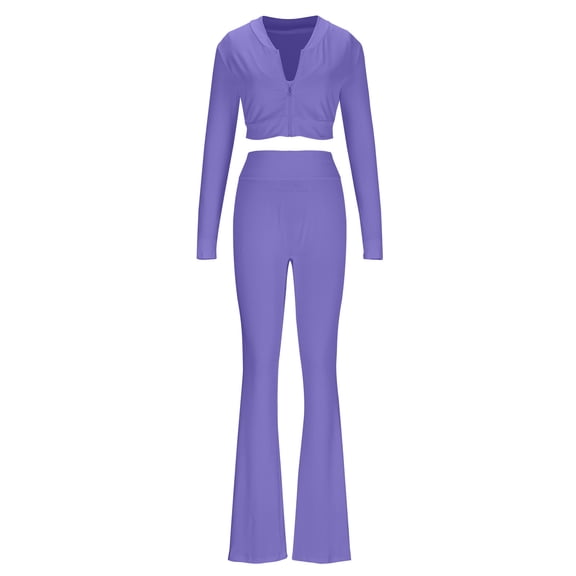 YUGYXL Women 3 Piece Sweatsuit Outfits Sets Long Sleeve Zipper Jacket Crop Tops and Long Flare Pants Set Workout Tracksuit Purple XL