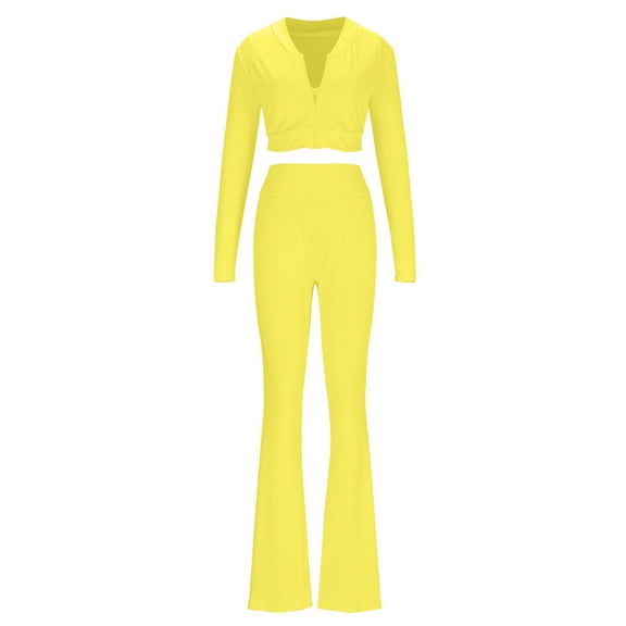 YUGYXL Women 3 Piece Sweatsuit Outfits Sets Long Sleeve Zipper Jacket Crop Tops and Long Flare Pants Set Workout Tracksuit Yellow L