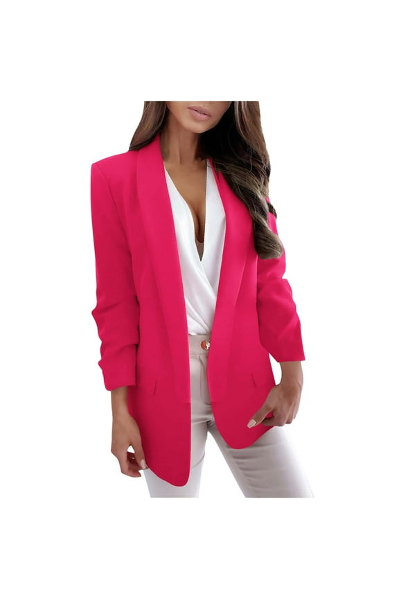 Women Blazers for Work Casual Notched Lapel Office Suit Jackets Plus Size Long Sleeve Professional Outerwear Trendy Solid Color Open Front Cardigan Hot Pink,XL